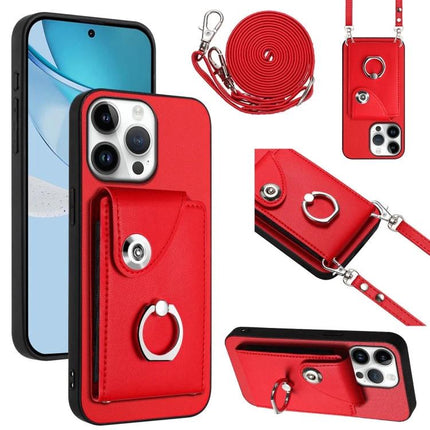 Phone Case With Lanyard Card Slots red PU case with ring, card pocket and adjustable strap for travel and commuting