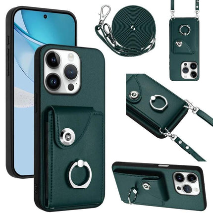 Phone Case With Lanyard Card Slots showing dark green PU/TPU protective case with card pocket, ring holder and adjustable crossbody lanyard