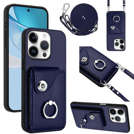 Phone Case With Lanyard Card Slots navy PU TPU protective case with adjustable lanyard, card slots, ring holder and detachable strap