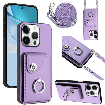 Phone Case With Lanyard Card Slots in purple with built-in card pocket, ring holder and adjustable lanyard for hands-free carrying