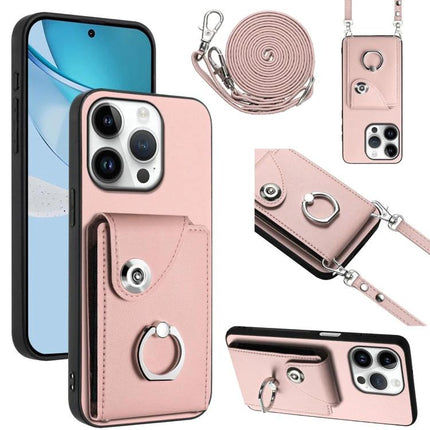 Phone Case With Lanyard Card Slots - pink PU protective case with card slots, ring holder and adjustable lanyard for hands-free use