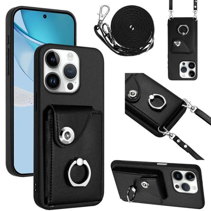 Phone Case With Lanyard Card Slots - black PU phone case with card pocket, ring holder and adjustable strap for hands-free carrying