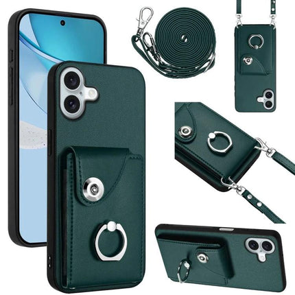 Phone Case With Lanyard Card Slots - green PU TPU protective case with built-in card slots, adjustable lanyard and ring stand for hands-free use