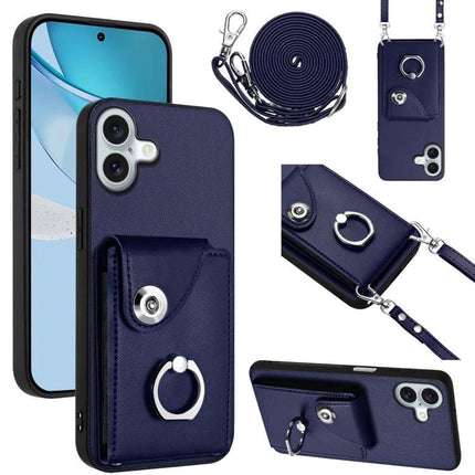 Phone Case With Lanyard Card Slots navy PU wallet case with ring kickstand, adjustable lanyard and built-in card slots for travel and commuting