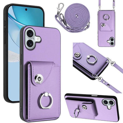 Purple Phone Case With Lanyard Card Slots featuring ring holder, card pocket, adjustable strap and durable PU/TPU protection