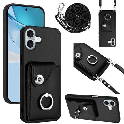 Phone Case With Lanyard Card Slots - black PU leather phone case with ring, card pocket and adjustable lanyard for commuting and travel
