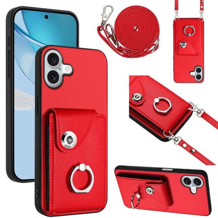 Phone Case With Lanyard Card Slots in red PU with ring stand, built-in card pocket and adjustable lanyard for hands-free commuting and travel