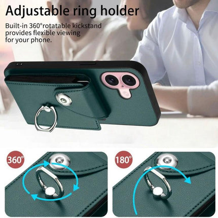 Daily Slim Carry Phone Case With Card Holder For Essential Everyday Use On The Go showing green case with adjustable ring holder kickstand and lanyard