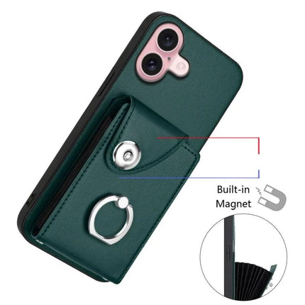 Daily Slim Carry Phone Case With Card Holder For Essential Everyday Use On The Go - slim green phone case with six-card slots, lanyard, ring grip and built-in magnet