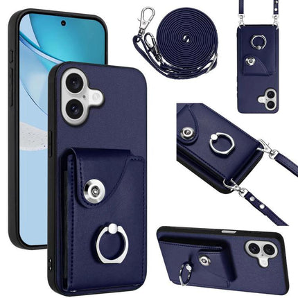 Phone Case With Card Holder For Everyday Use And Travel Holds Up To Six Cards And Cash - navy PU wallet case with ring and strap