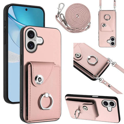 Phone Case With Card Holder For Everyday Use And Travel Holds Up To Six Cards And Cash - pink PU wallet case with ring, strap and 6-card pocket