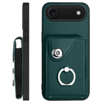 Phone Case With Lanyard Card Slots - green PU leather wallet case with ring holder and adjustable lanyard for travel and commuting