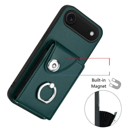 Phone Case With Lanyard Card Slots in green PU leather with ring holder, built-in card slots and adjustable lanyard, durable PU and TPU protection