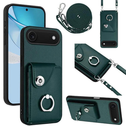 Phone Case With Lanyard Card Slots - green PU phone case with adjustable lanyard, card slots, ring stand and detachable strap