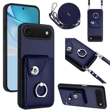 Phone Case With Lanyard Card Slots navy PU leather wallet case with adjustable lanyard, card slots, ring stand and durable TPU protection