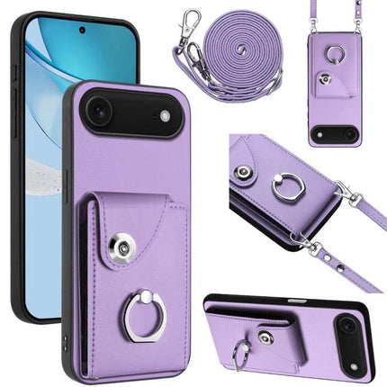 Phone Case With Lanyard Card Slots in purple PU with ring holder, adjustable lanyard and built-in card slots for hands-free travel