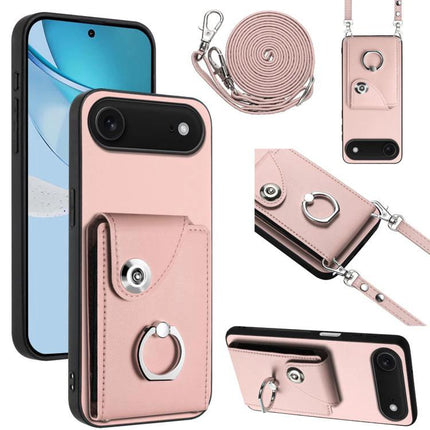 Phone Case With Lanyard Card Slots in pink PU with adjustable strap, card pocket, and ring stand for hands-free commuting
