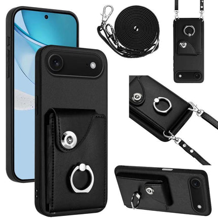 Phone Case With Lanyard Card Slots showing black PU/TPU protective case with card slot, ring holder and adjustable lanyard for hands‑free travel