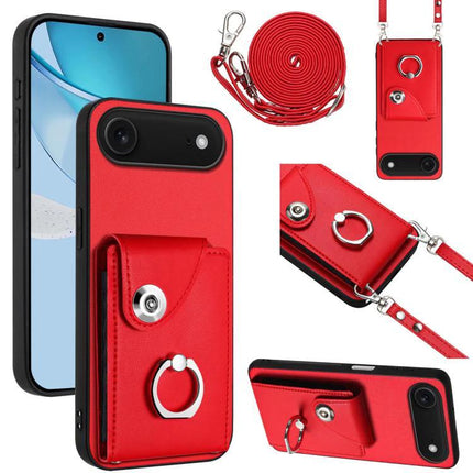 Phone Case With Lanyard Card Slots in red PU with adjustable lanyard, card slots, ring holder and durable TPU protection