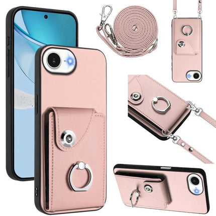 Phone Case With Card Holder For Everyday Use And Travel Holds Up To Six Cards And Cash - pink PU wallet case with ring and strap