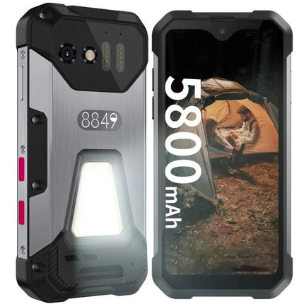 Compact Unihertz Tank Mini for Travel and Daily Use showing rugged phone with 5800mAh battery, camping light and outdoor tent photo