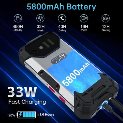 Compact Unihertz Tank Mini for Travel and Daily Use showing 5800mAh battery, 33W fast charging and rugged pocketable design