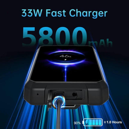 Compact Unihertz Tank Mini for Travel and Daily Use showing 5800mAh battery, 33W fast charging and charging cable in use