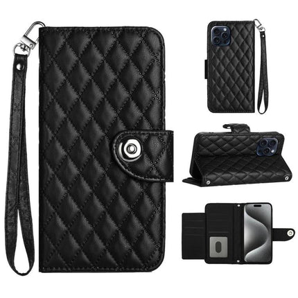 Leather Phone Case With Lanyard For Daily On The Go Use Keeps Phone Handy And Protected - black quilted PU leather wallet case with short lanyard