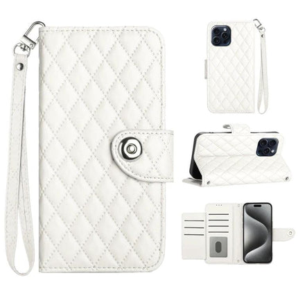 Leather Phone Case With Lanyard For Daily On The Go Use Keeps Phone Handy And Protected - white quilted PU leather wallet case with lanyard