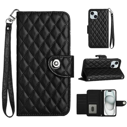 Leather Phone Case With Lanyard For Daily On The Go Use Keeps Phone Handy And Protected - black quilted PU leather wallet case with short lanyard