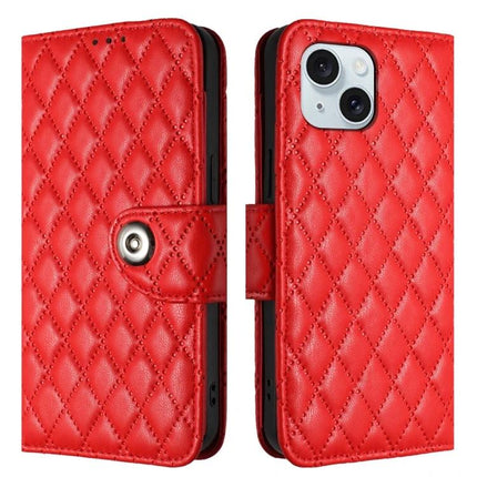 Leather Flip Case With Lanyard For Everyday Phone Use - red quilted PU leather flip wallet case with lanyard, TPU core, camera cutout, magnetic clasp