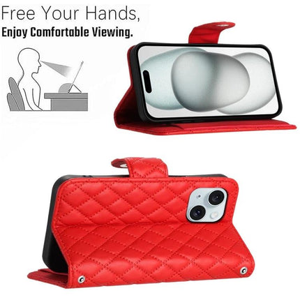 Leather Flip Case With Lanyard For Everyday Phone Use - red quilted PU wallet case propped as hands-free stand with short lanyard