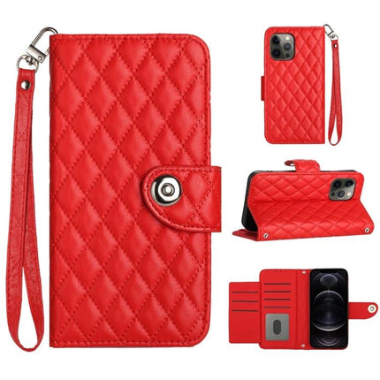 Phone Lanyard Case For Easy Everyday Access - red quilted wallet case with short wrist lanyard, card slots, stand and camera cutout