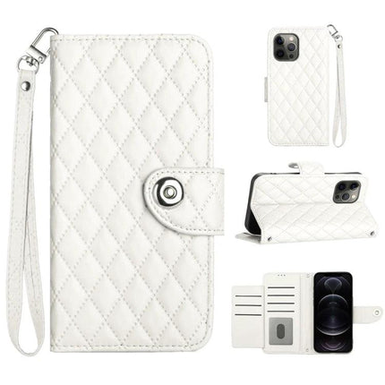 Phone Lanyard Case For Easy Everyday Access - white quilted wallet phone case with short lanyard, card slots, and kickstand