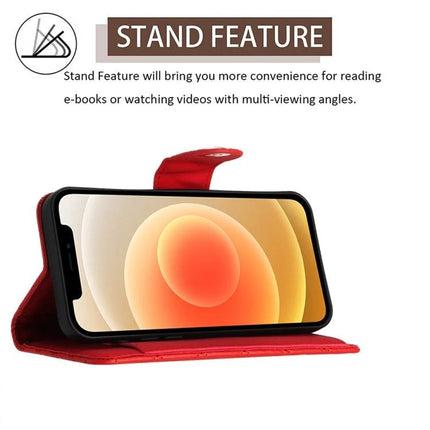 Leather Flip Phone Case With Lanyard For Daily Protection shown in red with built-in stand for hands-free viewing and short lanyard