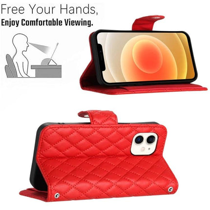 Leather Flip Phone Case With Lanyard For Daily Protection - red quilted PU leather wallet case with stand and short lanyard