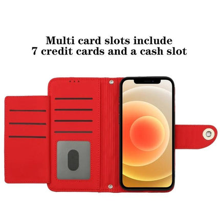 Leather Flip Phone Case With Lanyard For Daily Protection - red PU leather wallet case with 7 card slots, cash pocket and built-in stand