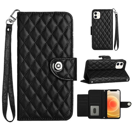 Leather Flip Phone Case With Lanyard For Daily Protection - black quilted PU leather wallet case with strap, stand, card slots