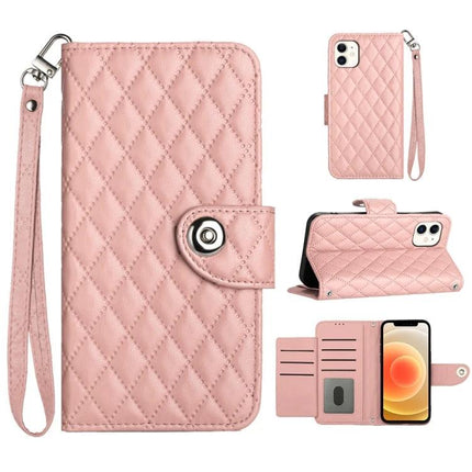 Leather Flip Phone Case With Lanyard For Daily Protection - pink quilted PU leather wallet with stand, card slots, and short lanyard
