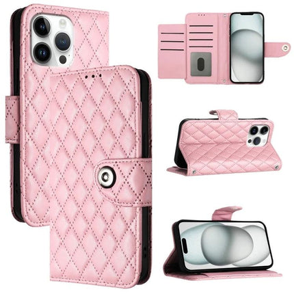 Leather Flip Phone Case With Lanyard For Daily Errands - pink quilted PU wallet case with card slots, stand function and secure snap closure