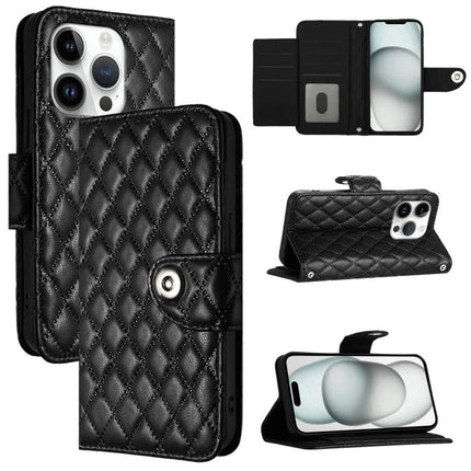 Leather Flip Phone Case With Lanyard For Daily Errands - black quilted PU leather wallet case with card slots and stand
