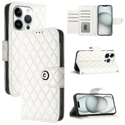 Leather Flip Phone Case With Lanyard For Daily Errands - white quilted PU wallet case with card slots, stand function and lanyard for hands-free use