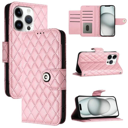 Leather Flip Phone Case With Lanyard For Daily Errands - pink quilted PU wallet case with card slots, stand, and lanyard-ready design