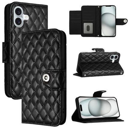 Leather Flip Phone Case With Lanyard For Daily Errands - black quilted PU wallet case with card slots, lanyard, and stand