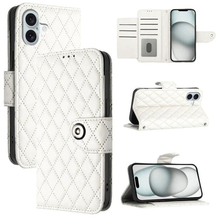 Leather Flip Phone Case With Lanyard For Daily Errands - white quilted PU wallet case with card slots, lanyard slot, magnetic clasp and kickstand