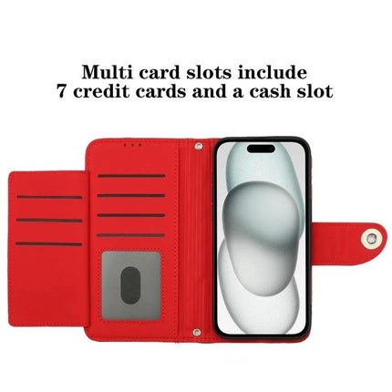 Leather Phone Case With Lanyard For Daily On The Go Use Keeps Phone Handy And Protected - red wallet style case with 7 card slots, cash slot, phone and lanyard