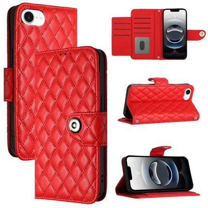 Leather Flip Phone Case With Lanyard For Daily Errands - red quilted PU wallet case with card slots, stand function and secure lanyard
