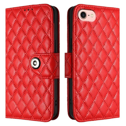 Leather Flip Phone Case With Lanyard For Daily Errands - red quilted PU wallet case with card slots and snap closure