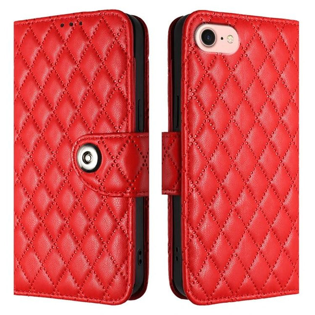 Leather Flip Phone Case With Lanyard For Daily Errands - red quilted PU wallet case with card slots and snap closure