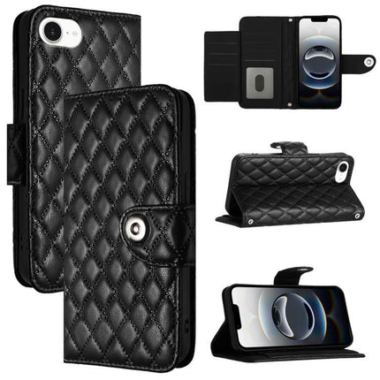 Leather Flip Phone Case With Lanyard For Daily Errands - black quilted PU wallet case with card slots and wrist lanyard